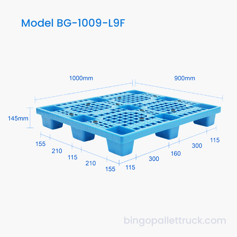 1000x900mm Single-Sided Light Duty Plastic Pallet na may Grid Deck at 9 Talampakan